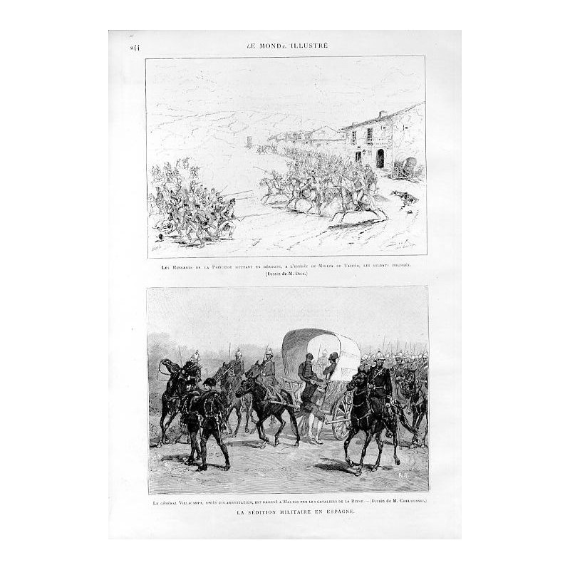 Le général Villacampa, après son arrestation, est ramené a Madrid per les cavaliers de la Reine. Dessin de M. Chelmonski / "LE G
