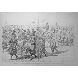 Le Grande du 14 Juillet a l'Hippodrome de Longchamps. Le défilé des turcos, retour du Tonkin. Dessin de M. Chelmonski, d'asprés