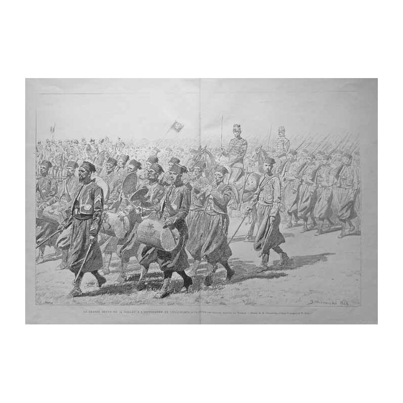 Le Grande du 14 Juillet a l'Hippodrome de Longchamps. Le défilé des turcos, retour du Tonkin. Dessin de M. Chelmonski, d'asprés