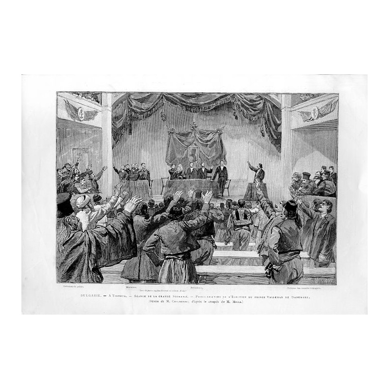 Bulgarie. A Tirnova. Séance de la Grande Sobranié. Proklamation de l'élection du Valdemar de Danemark. Dessin de M. Chelmonski,