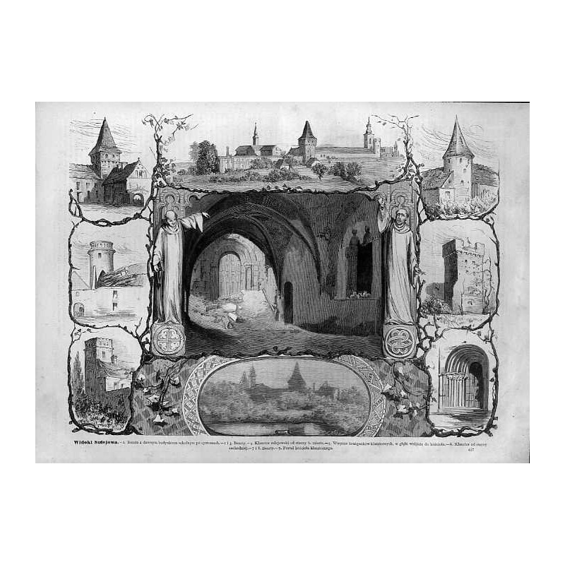 "Widoki Sulejowa. - 1. Baszta z dawnym budynkiem szkolnym po cystersach. - 2 i 3. Baszty. - 4. Klasztor sulejowski od strony b.